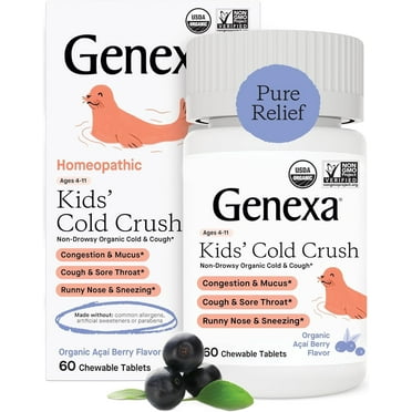 Genexa Kids' Cold Crush | Multi-Symptom Cough & Cold Relief for Children | Delicious Organic Acai Berry Flavor | Certified Organic & Non-GMO | Homeopathic Remedy Made Clean | 60 Chewable Tablets