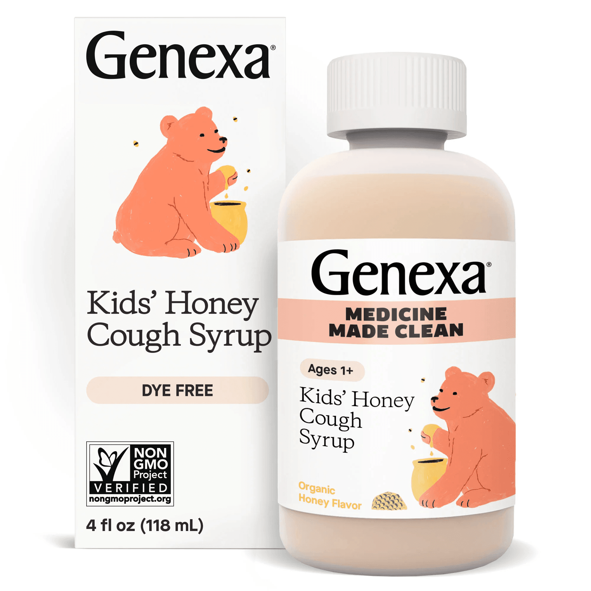 Genexa Kids Organic Honey Cough Syrup, Dye Free, 0% Artificial Additives, Children's Cough Remedy for Kids 2-11, Soothing Natural Honey Flavor, Gluten Free, & Non-GMO 4 fl oz