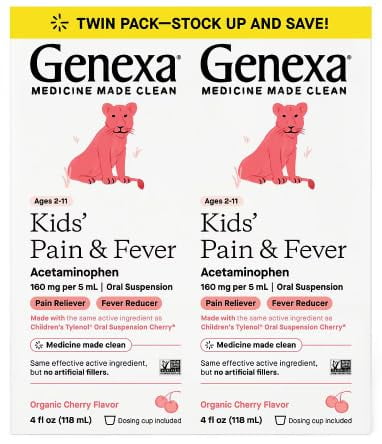 Genexa Kids' Pain & Fever Oral Suspension Medicine for Children 2-11 Years Old, (Acetaminophen,160 mg per 5 mL) Organic Cherry Flavor, 2 x 4 FL.OZ (118 ml) - Twin Pack