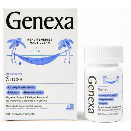 Genexa Stress for Adults | Anxiety Relief & Fatigue Remedy | Soothing Natural Vanilla & Lavender Flavor | Gluten Free & Non-GMO | Homeopathic Remedy Made Clean | 60 Chewable Tablets