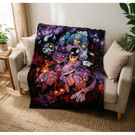 Gengar Evolution Flannel Blanket, Pink Mist Anime Character Throw, 80x60inch