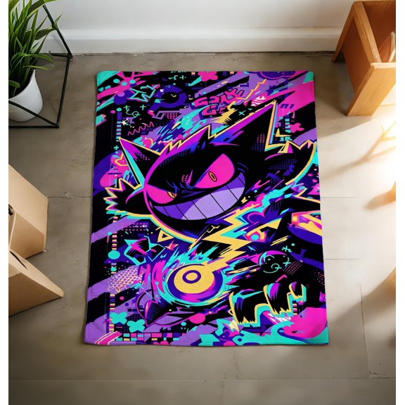 Gengar Evolution Flannel Blanket, Pink Mist Anime Character Throw, 80x60inch