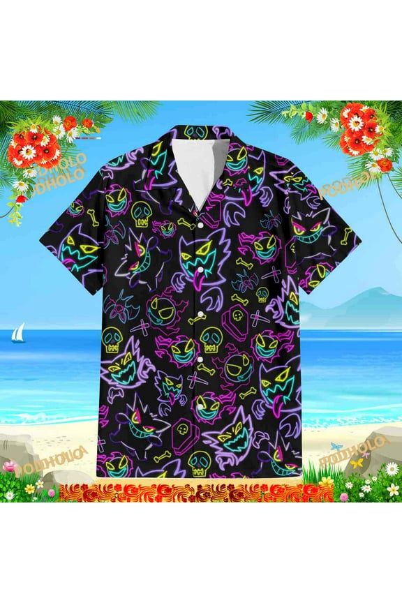 Gengar Ghost Halloween Hawaiian Shirt, Anime Halloween Button Up Shirt