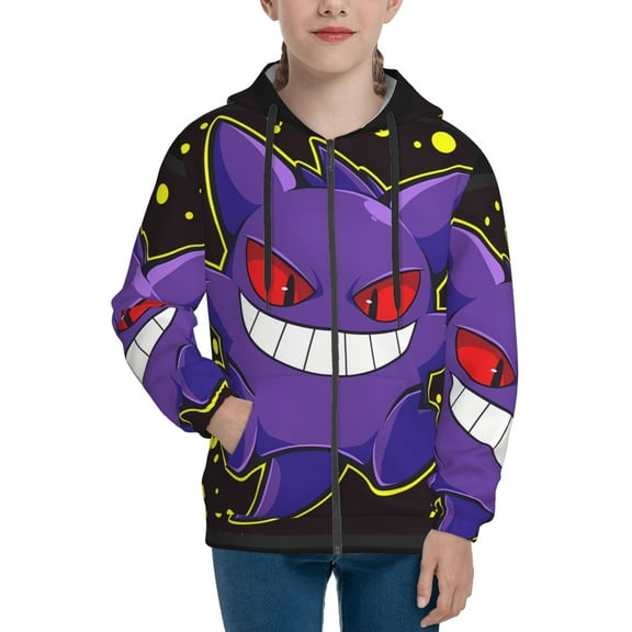 Gengar Teens Boys Girls Zip Up Hoodies 3d Print Long Sleeve Hooded Sweatshirt Jacket With Pocket Large