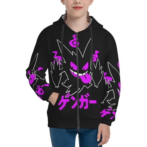 Gengar Teens Boys Girls Zip Up Hoodies 3d Print Long Sleeve Hooded Sweatshirt Jacket With Pocket Large