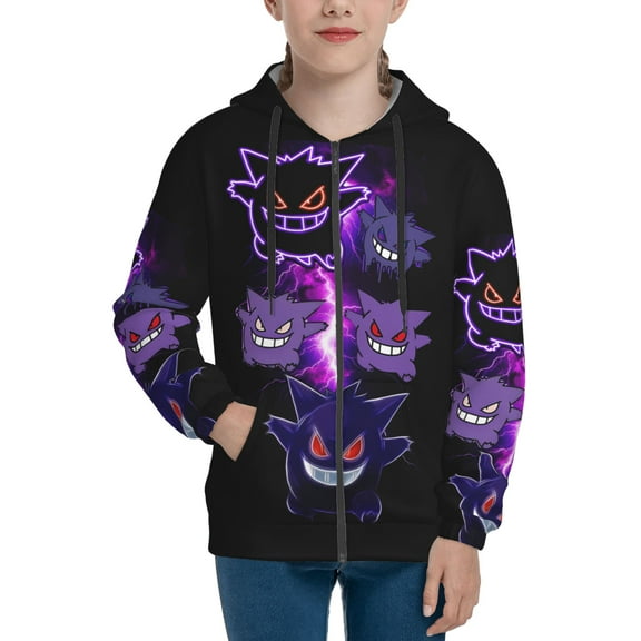 Gengar Teens Boys Girls Zip Up Hoodies 3d Print Long Sleeve Hooded Sweatshirt Jacket With Pocket Small