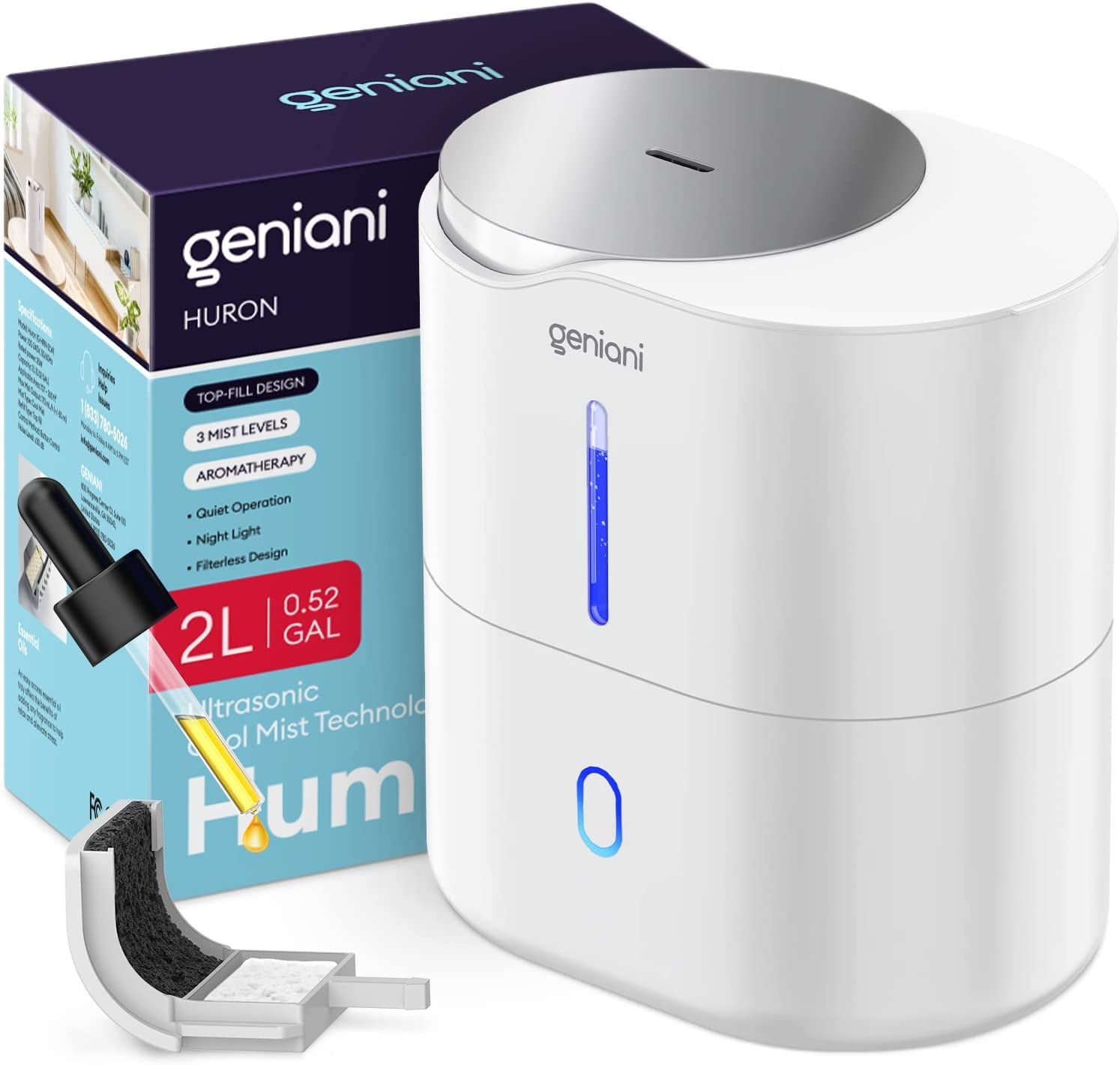 Geniani Top Fill 2L Cool Mist Large Humidifier Essential Oil