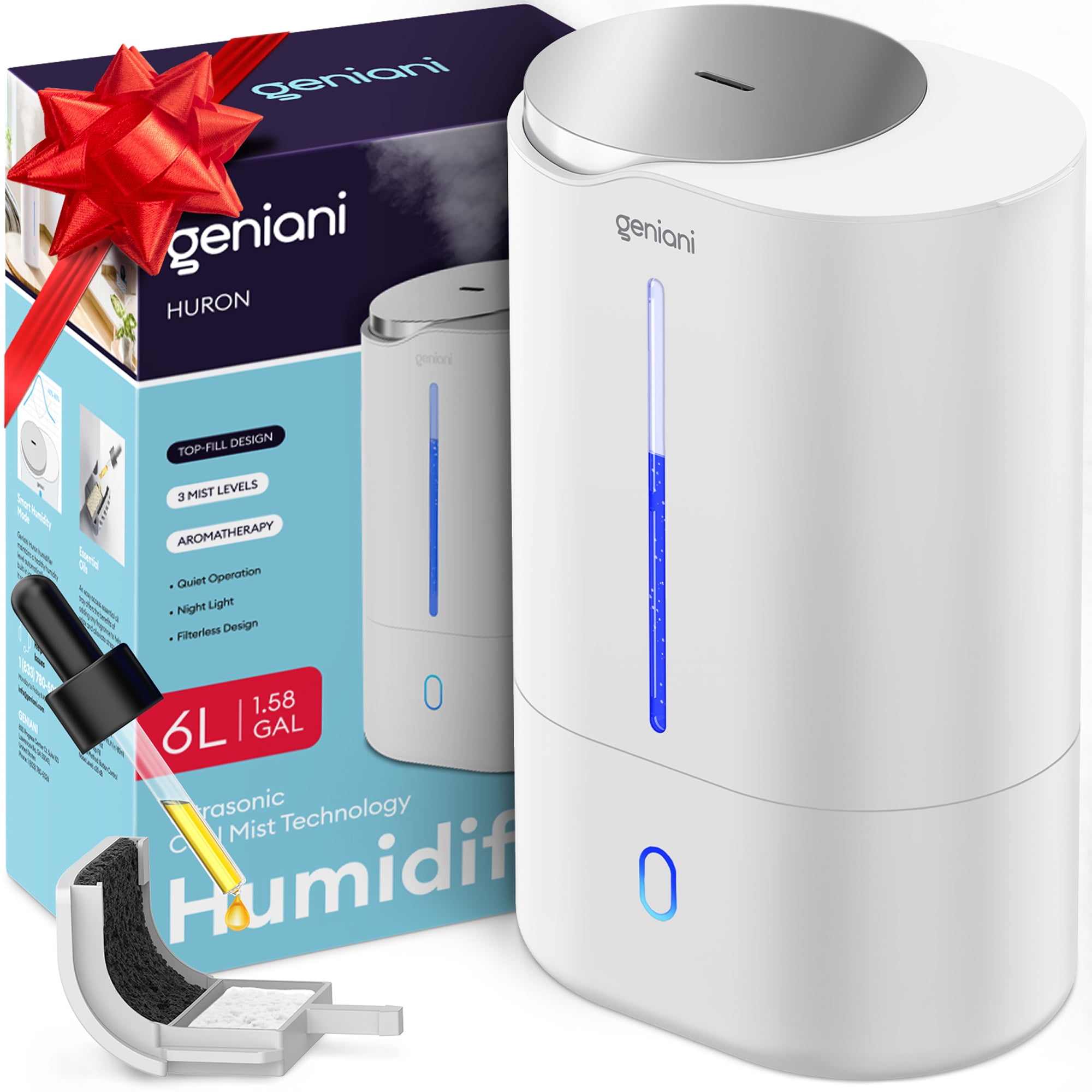Geniani Top Fill 6L Cool Mist Humidifiers & Essential Oil Diffuser for Home  - Smart Aroma Ultrasonic Air Humidifier for Large Room, Bedroom, Baby, Kid  - Easy to Clean & Fill, Auto