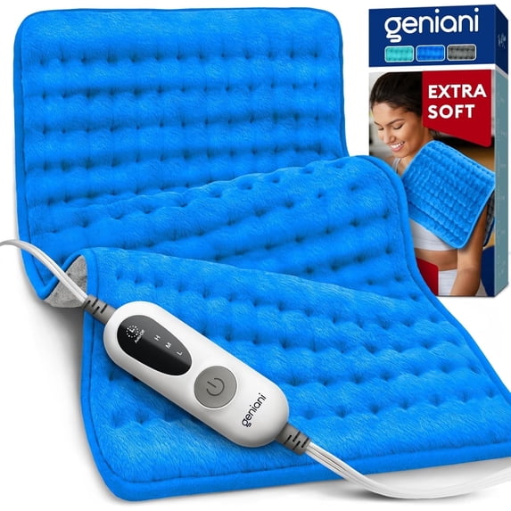 Geniani XL Double-Sided Electric Heating Pad for Back Pain & Cramps Relief – Heat Pad with 6 Heat Settings, Auto Shut Off, Ultra-Soft Machine Washable Fabric for Everyday Comfort (12"×24", Blue)