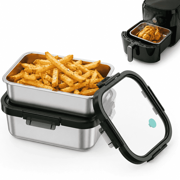 Genicook (2 pack) 28 oz 2-Piece Stainless Steel Food Storage Container with Glass Lid for Adult,Green