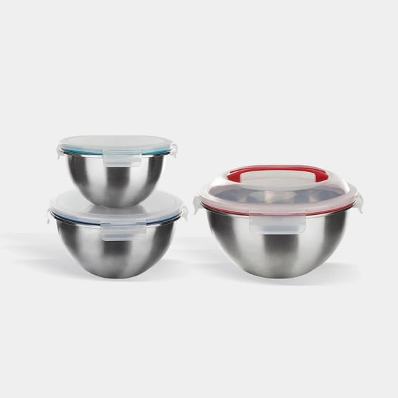Genicook 3-Piece Stainless Steel Nesting Mixing Bowl Set with Snap-On Lids & Carry Handle