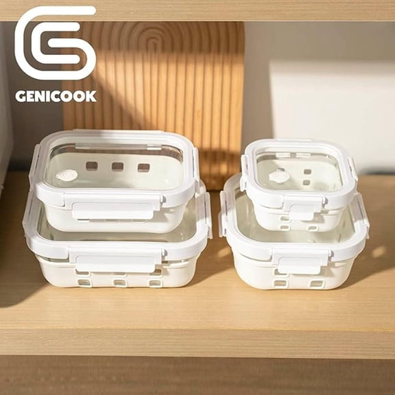 Genicook 4 PC White Borosilicate Glass Container Set With Silicone Wrap