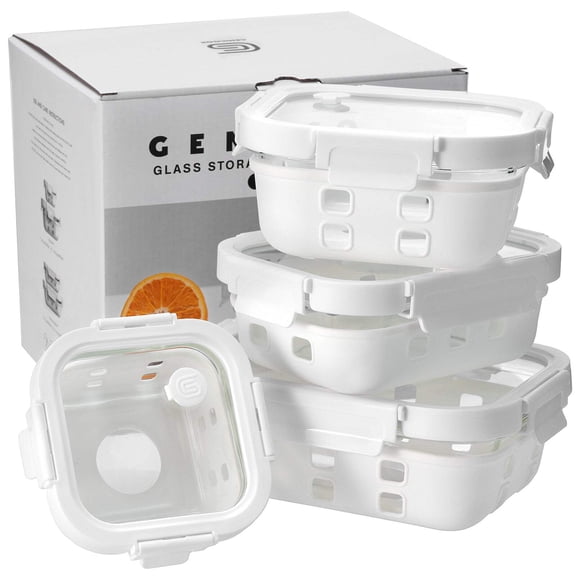 Genicook 4 PC White Borosilicate Glass Container Set With Silicone Wrap