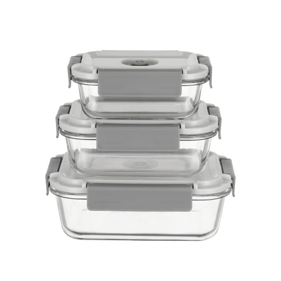 Genicook GENI-FRESH Vacuum Sealable Glass Container and Manual Pump, Set of 3, Grey, Kitchen Accessories
