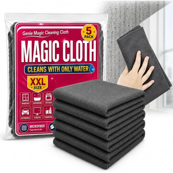 Genie Magic Cleaning Cloth 5 Pack, New Thickened Magic Cleaning Cloth, or Stainless Steel, Glass, Mirrors, Windows, Kitchen, Bathroom, Car & Screens, Reusable Lint Free Streak Free Cleaning Towels
