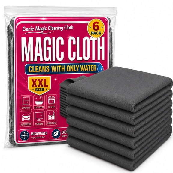 Genie Magic Cleaning Cloth 6-Pack, Microfiber Cleaning Cloths, Lint Free Reusable Cleaning Rags for Glass, Window, Kitchen, Stainless Steel, Cars & Screens
