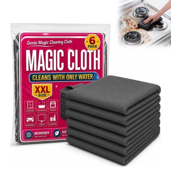 Genie Magic Cleaning Cloth 6 Pack, Microfiber Lint Free Reusable Cleaning Cloths, Streak Free for Glass Window Kitchen Stainless Steel Cars, 16x12 Inch Large Household Rags
