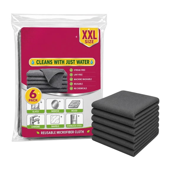 Genie Magic Cloth, Microfiber Cleaning Cloths, Streak-Free Lint-Free Reusable Rags for Glass, Window, Kitchen, Car 6 Pack XLL