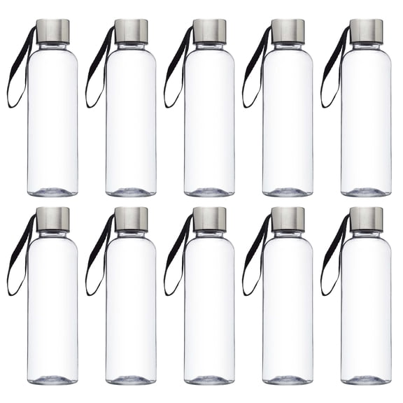 Genie Plastic Water Bottles with Strap 17 oz. Set of 10, Bulk Pack - Refillable, Great for Gym, Hiking, Cycling, School - Black