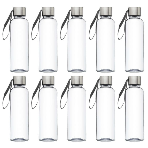 Genie Plastic Water Bottles with Strap 17 oz. Set of 10, Bulk Pack - Refillable, Great for Gym, Hiking, Cycling, School - Grey
