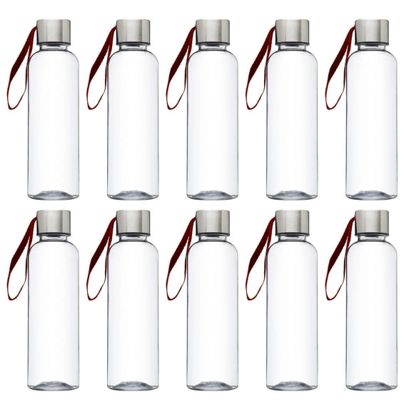 Genie Plastic Water Bottles with Strap 17 oz. Set of 10, Bulk Pack - Refillable, Great for Gym, Hiking, Cycling, School - Red