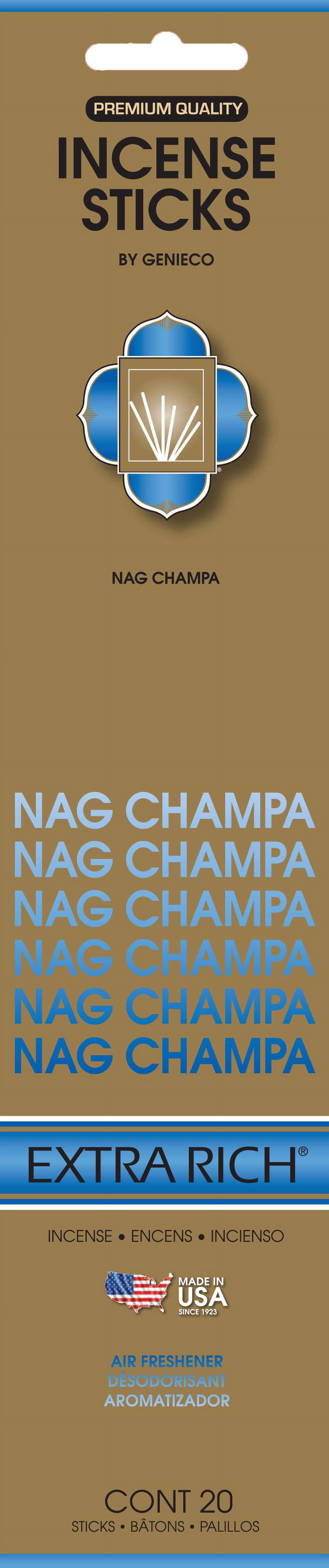 Genieco Extra Rich Incense Sticks, Nag Champa Fragrance (Blue), 20