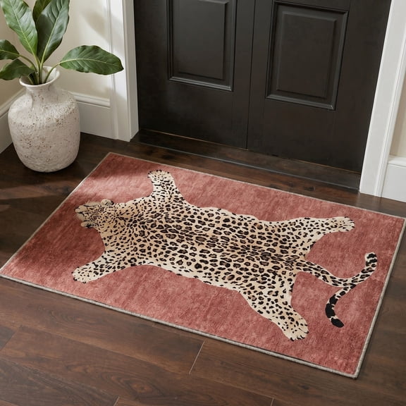 GENIMO 2'x3' Area Rug, Washable Non Slip Soft Animal Print Indoor Door Mat for Entryway Kitchen Laundry Room, Dusty Rose