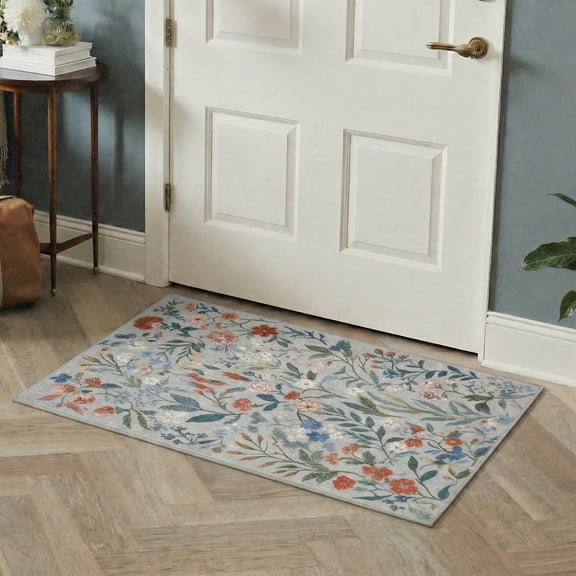 GENIMO 2'x3' Area Rug, Washable Non Slip Soft Floral Indoor Door Mat for Entryway Kitchen Laundry Room, Dusty Blue