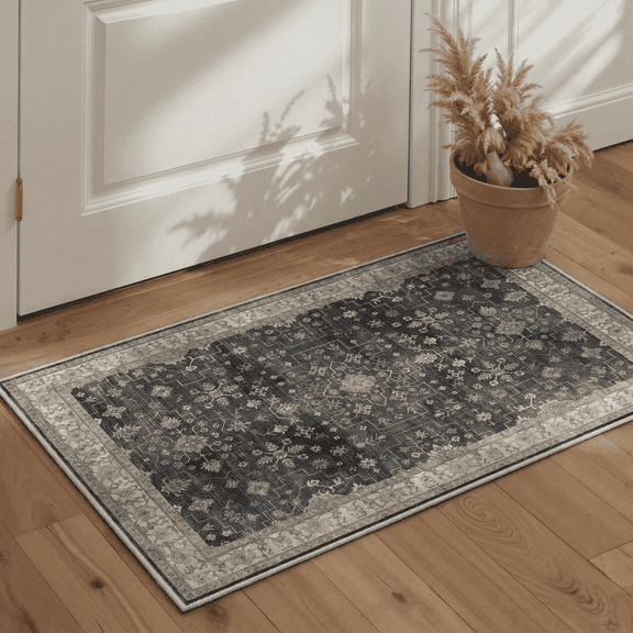 Genimo 2'x3' Area Rug for Entryway, Washable Non-Slip Persian Floral Rug, Soft Low Pile for Bathroom Kitchen Bedroom, Gray