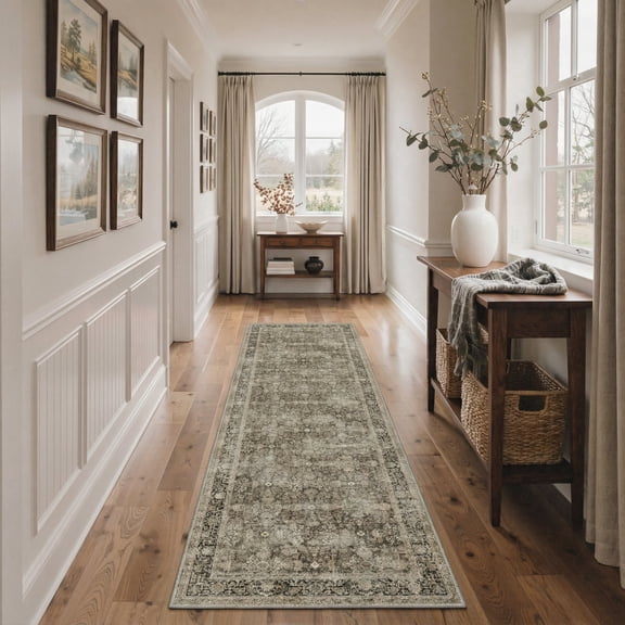 GENIMO 2'x7' Runner Rug, Washable Non Slip Soft Persian Hallway Runner for Kitchen Entryway Laundry Room, Olive Brown