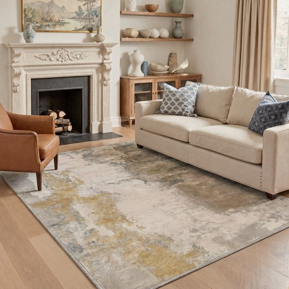 GENIMO 5'x7' Area Rug for Living Room, Washable Non Slip Soft Abstract Rug for Bedroom Dining Room Home Office, Golden Beige