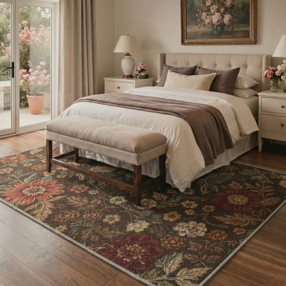 GENIMO 8'x10' Area Rug for Living Room, Washable Non Slip Soft Floral Rug for Bedroom Dining Room Home Office, Dusty Olive