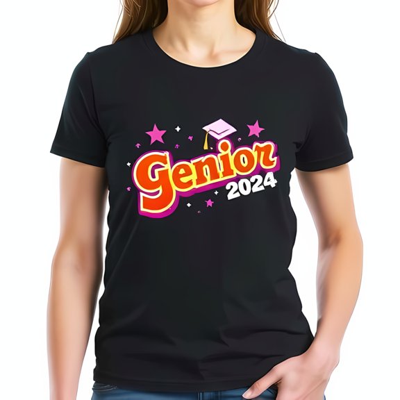Genion 2024 Cotton Short Sleeve T-Shirt - Retro Design with Bold Orange & Pink Graduation & Stars