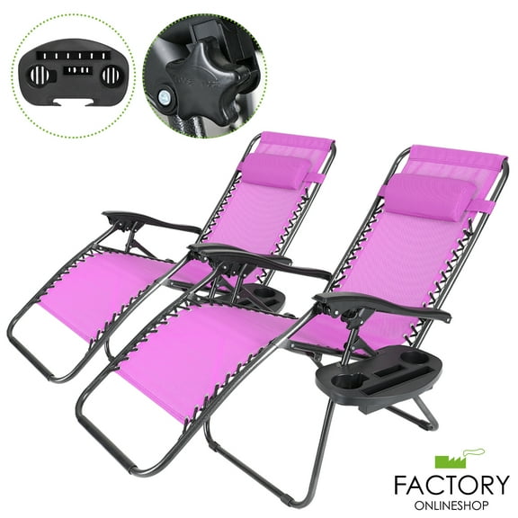 Geniqua 2 PC Pink Zero Gravity Lounge Chairs Folding Outdoor Beach Patio Recliner Tray Holder