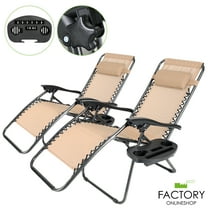Geniqua 2 PC Tan Zero Gravity Lounge Chairs Folding Outdoor Beach Patio Recliner Tray Holder