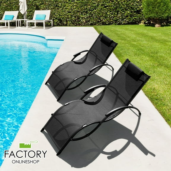 Geniqua Corp Steel Foldable and Detachable Headrest Outdoor Curved Chaise - Set of 2 Black