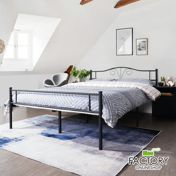 Geniqua Full Size Bed Frame Black Steel Platform Retro Headboard Footboard Foundation Tool Free Assembly No Box Spring Needed