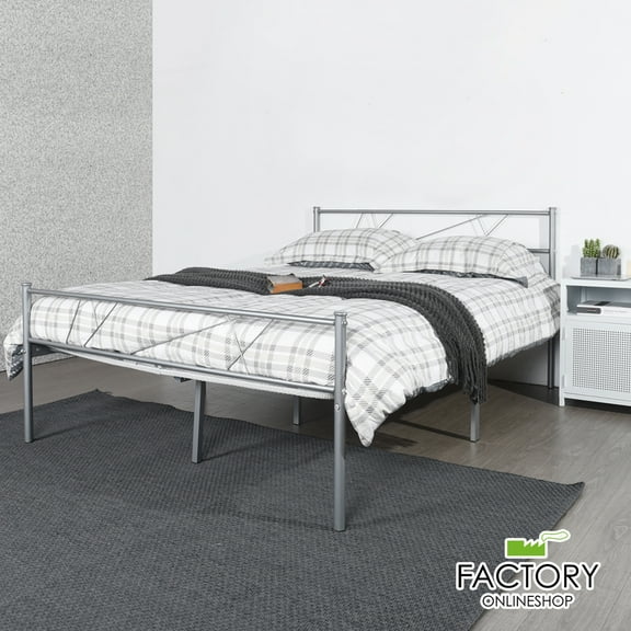 Geniqua Full Size Bed Frame Silver Steel Platform Modern Headboard Footboard Foundation Tool Free Assembly No Box Spring Needed