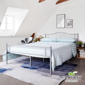 Geniqua Full Size Bed Frame Silver Steel Platform Retro Headboard Footboard Foundation Tool Free Assembly No Box Spring Needed
