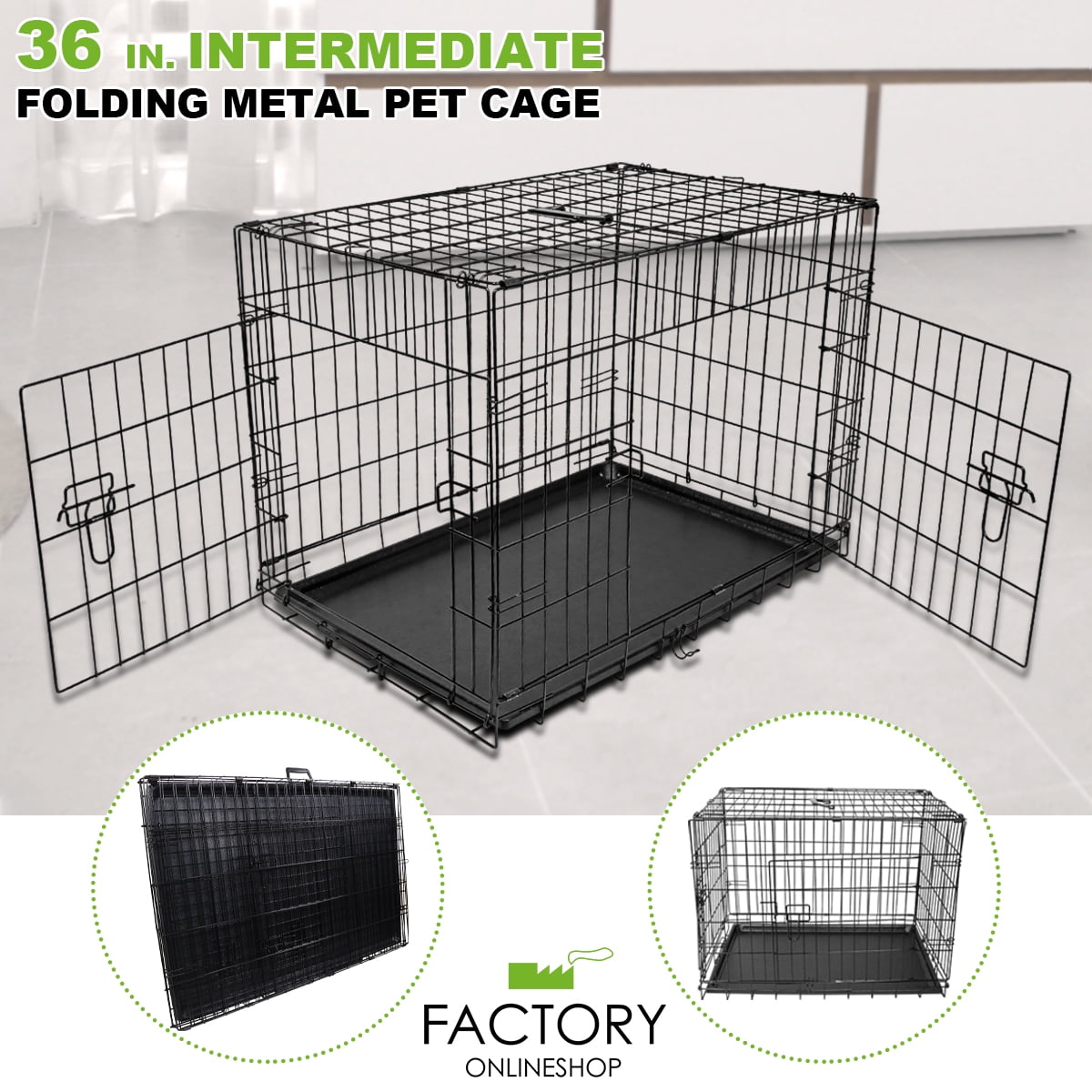 Geniqua Intermediate Black 36" 2Dr Folding Pet Crate Cage Dog Cat