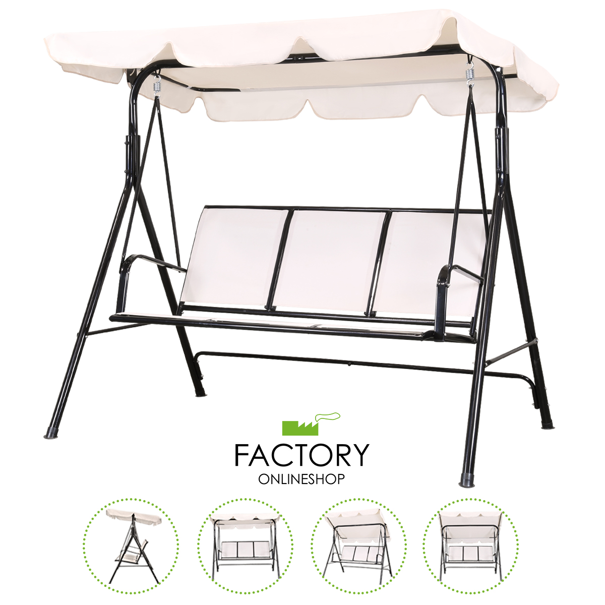Geniqua Outdoor Canopy Swing Patio Chair Lounge 3-Person Seat Hammock Porch Bench Beige