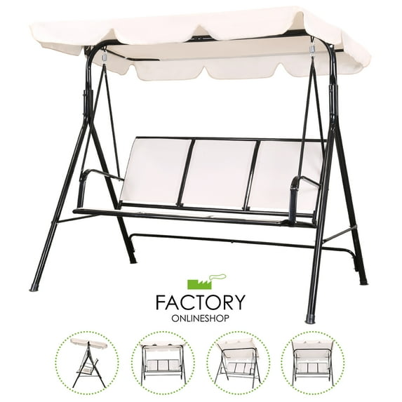 Geniqua Outdoor Canopy Swing Patio Chair Lounge 3-Person Seat Hammock Porch Bench Beige