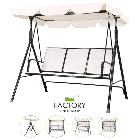 Geniqua Outdoor Canopy Swing Patio Chair Lounge 3-Person Seat Hammock Porch Bench Beige