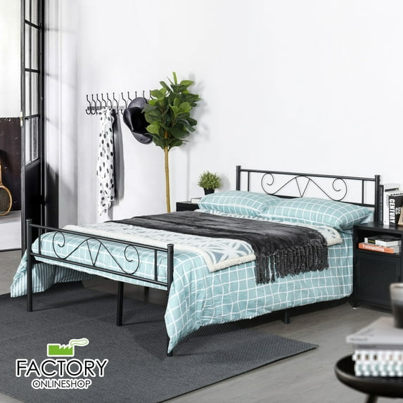 Geniqua Queen Size Bed Frame Black Steel Platform Headboard Footboard Foundation Tool Free Assembly No Box Spring Needed