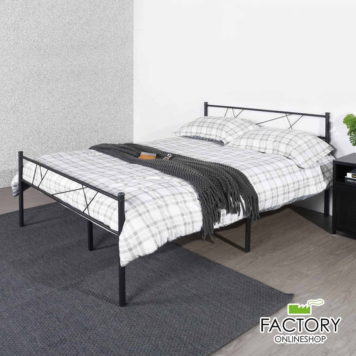 Geniqua Queen Size Bed Frame Steel Black Foundation Classic Headboard Footboard Foundation Tool Free No Box Spring Needed