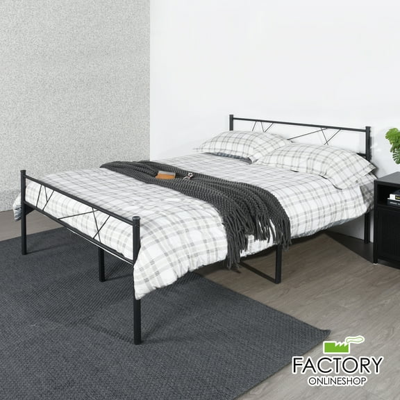 Geniqua Queen Size Bed Frame Steel Black Foundation Classic Headboard Footboard Foundation Tool Free No Box Spring Needed