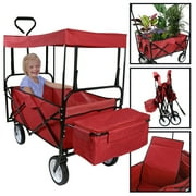 Geniqua Red Utility Collapsible Folding Wagon Cart w/Canopy Garden Beach Toy Sport Buggy
