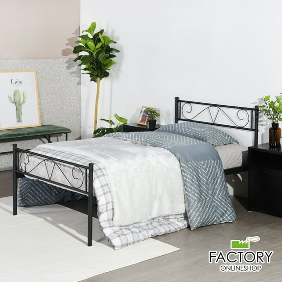 Geniqua Twin Size Bed Frame Steel Black Foundation Modern Headboard Footboard Foundation Tool Free No Box Spring Needed