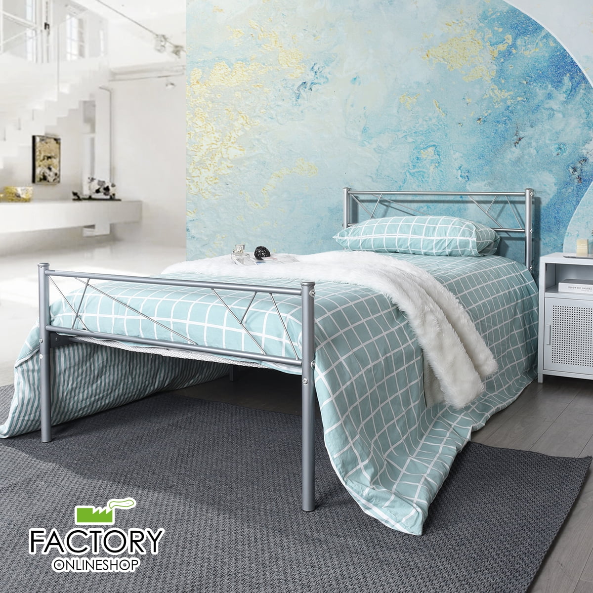 Geniqua Twin Size Bed Frame Steel Silver Foundation Classic Headboard Footboard Foundation Tool Free No Box Spring Needed