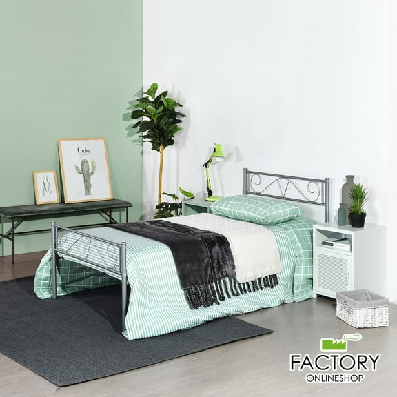 Geniqua Twin Size Bed Frame Steel Silver Foundation Modern Headboard Footboard Foundation Tool Free No Box Spring Needed